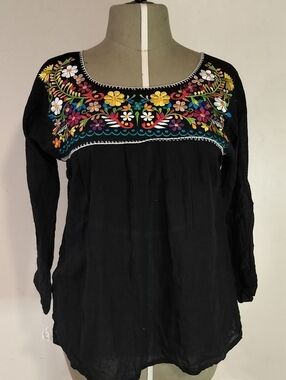 Black Embroidered Floral Peasant Top - Women's